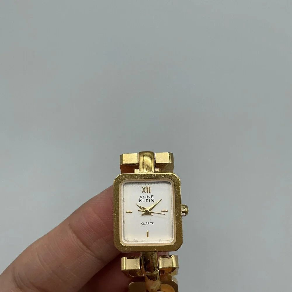 Anne Klein Womens Watch 16mm White Dial Gold Tone Square Link New Battery 6.75